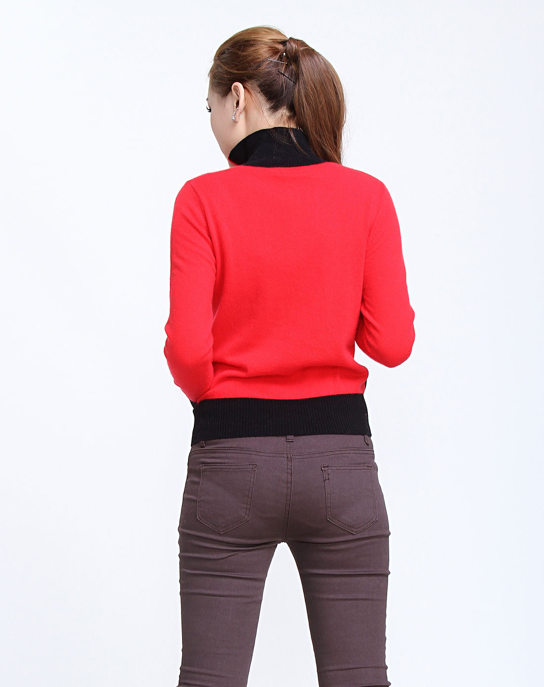 女款艳红色半开襟印花长袖山羊绒衫-唯品会Pa