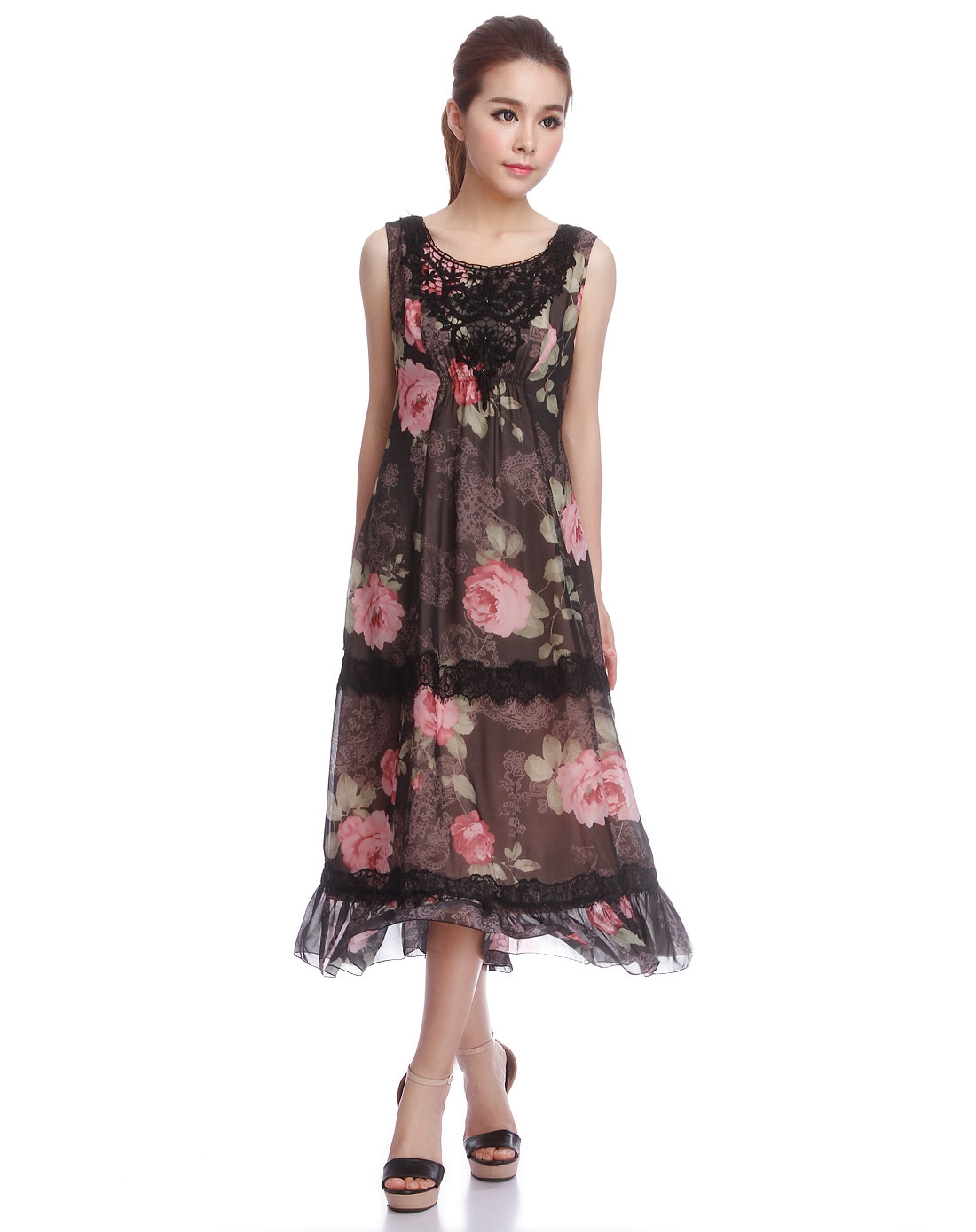 <em>anna lice女装专场</em>黑色印花气质无袖连衣裙-唯