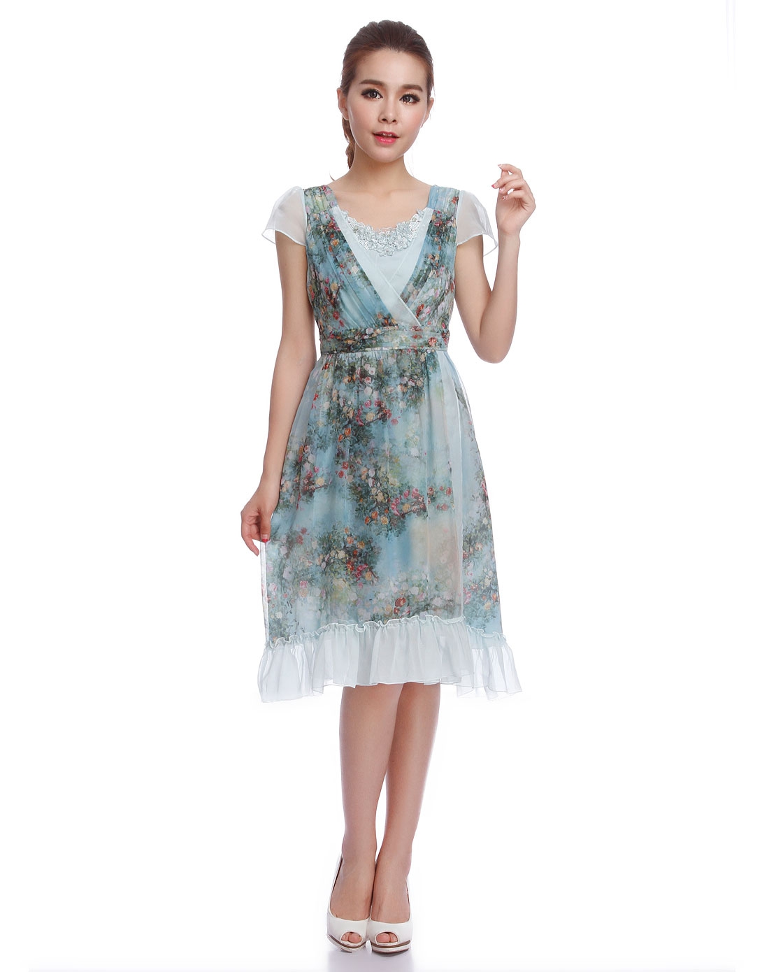 <em>anna lice女装专场</em>薄荷绿色印花盖肩袖连衣裙-