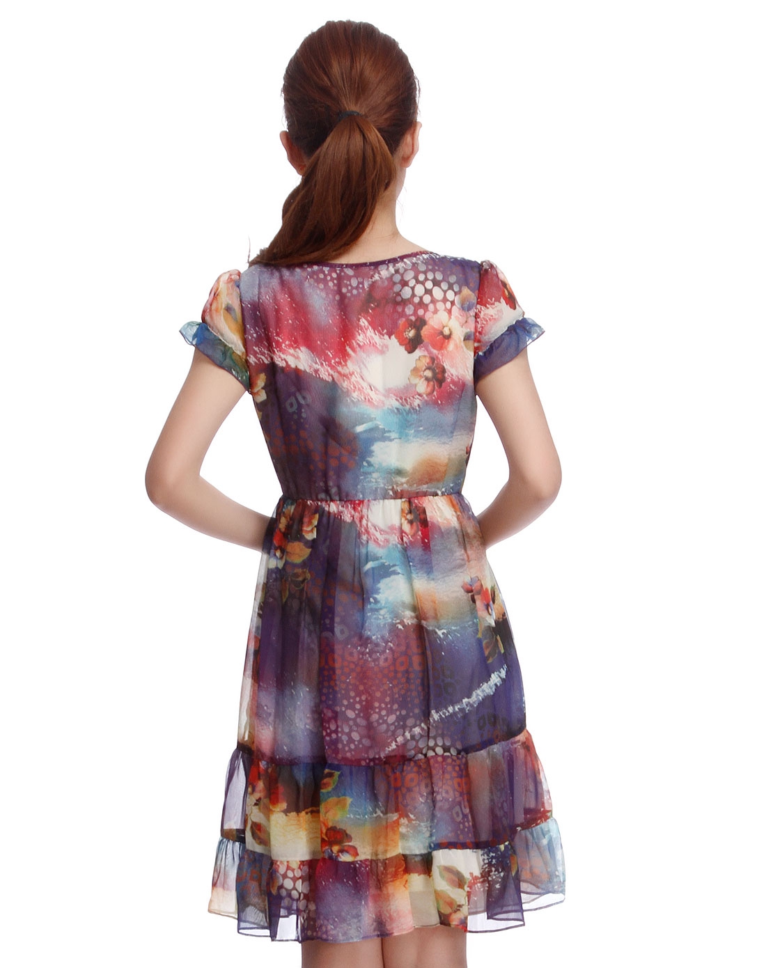 <em>anna lice女装专场</em>紫色印花盖肩袖时尚连衣裙-