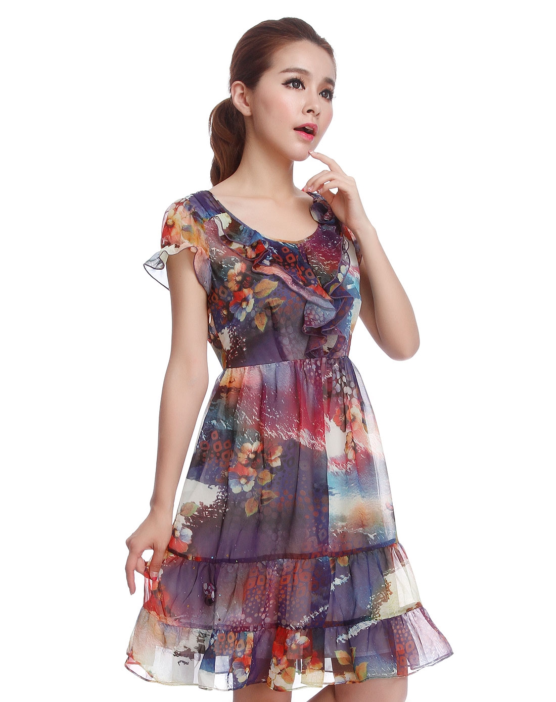 <em>anna lice女装专场</em>紫色印花盖肩袖时尚连衣裙-