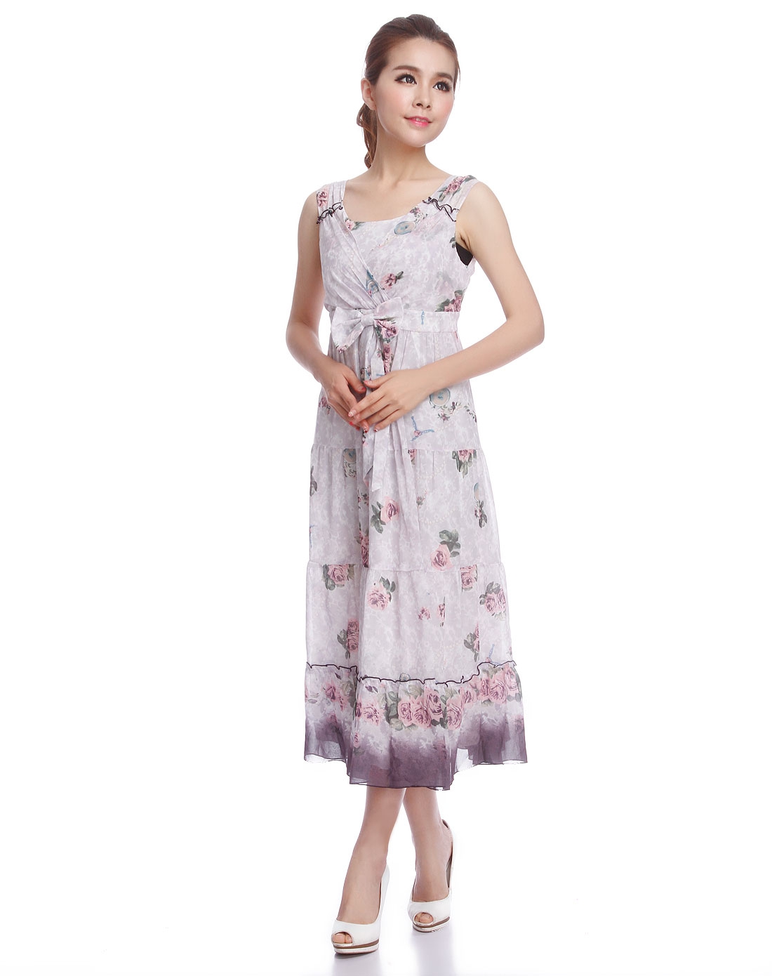 <em>anna lice女装专场</em>粉紫色印花无袖连衣裙-唯品