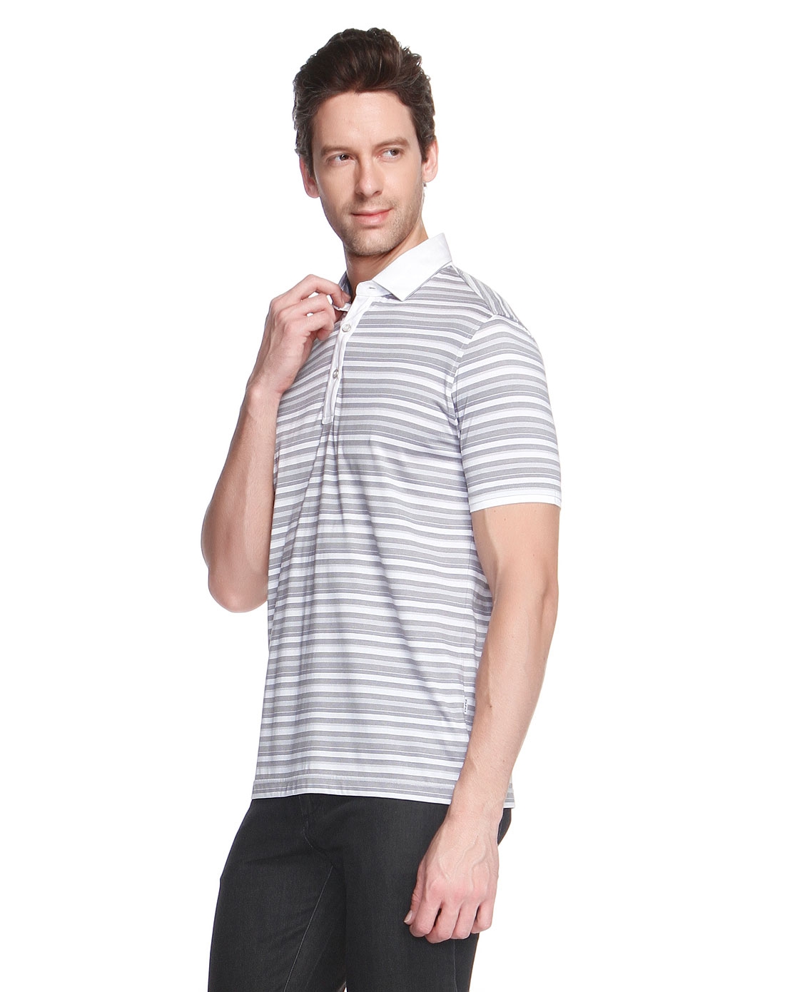 法派FAPAI男装专场休闲经典灰色条纹翻领短袖T恤-唯品会Pad版