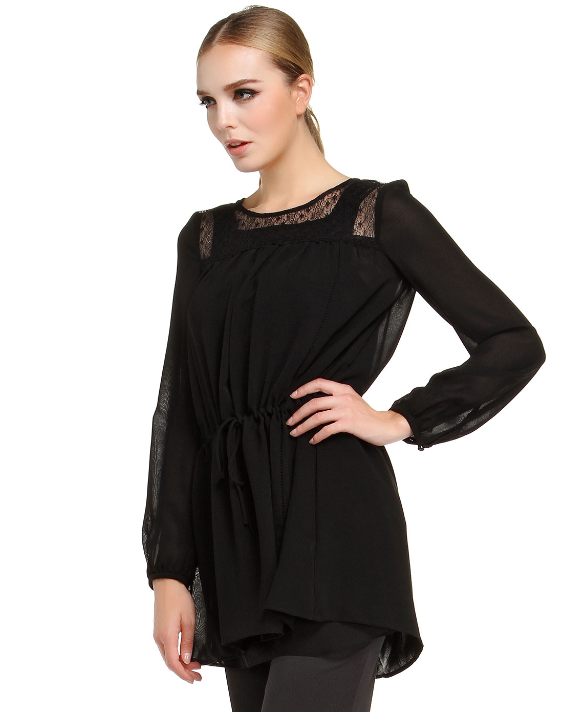 <em>凯撒KAISER女装专场</em>黑色淑女蕾丝拼接长袖长