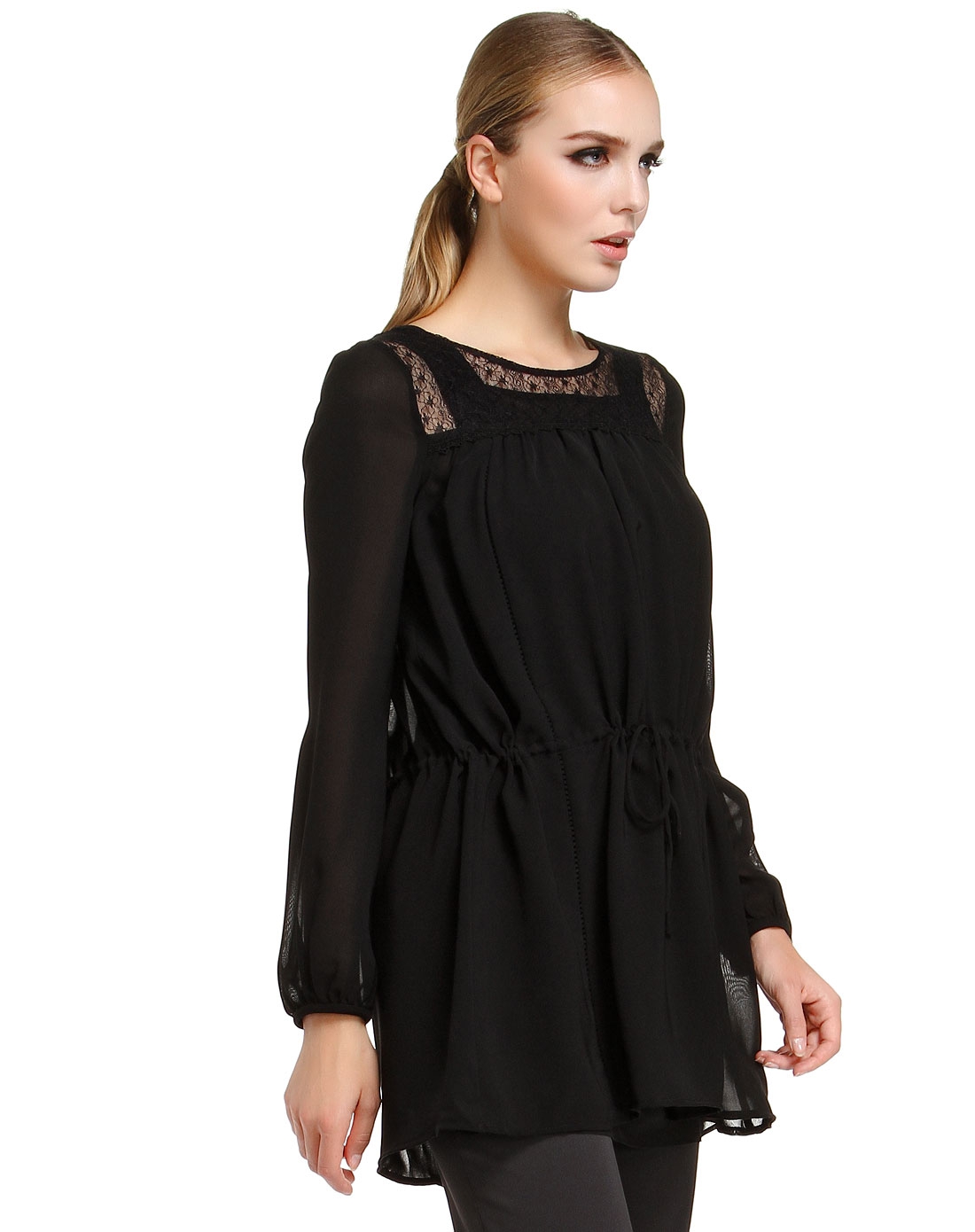 <em>凯撒KAISER女装专场</em>黑色淑女蕾丝拼接长袖长