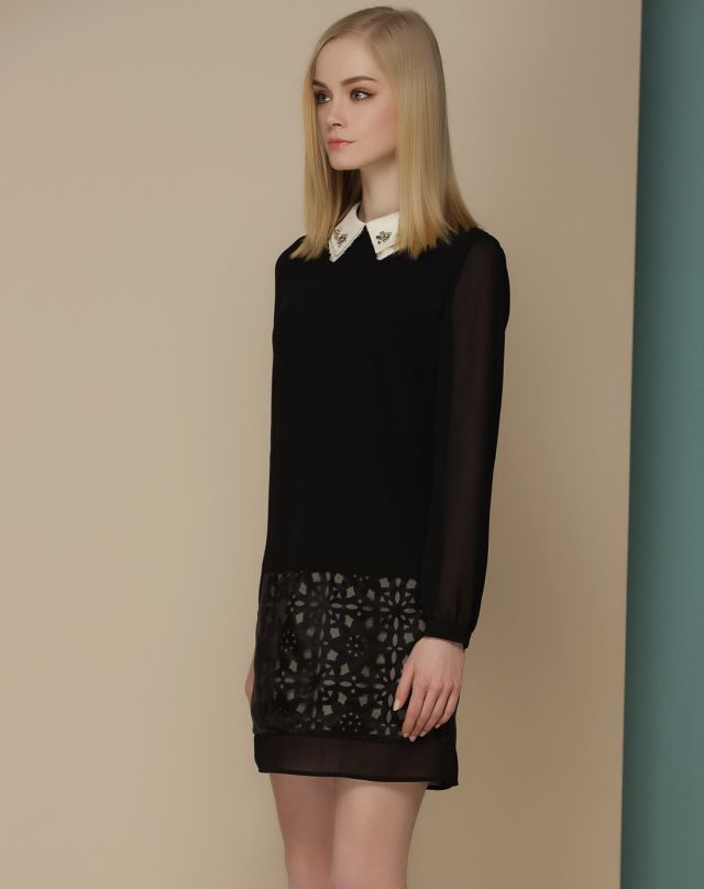 <em>ZIMMUR女装专场</em>黑色长袖新款翻领连衣裙-唯