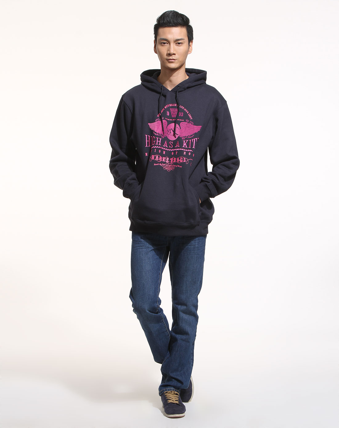 男款藏蓝色长袖连帽休闲卫衣-详情