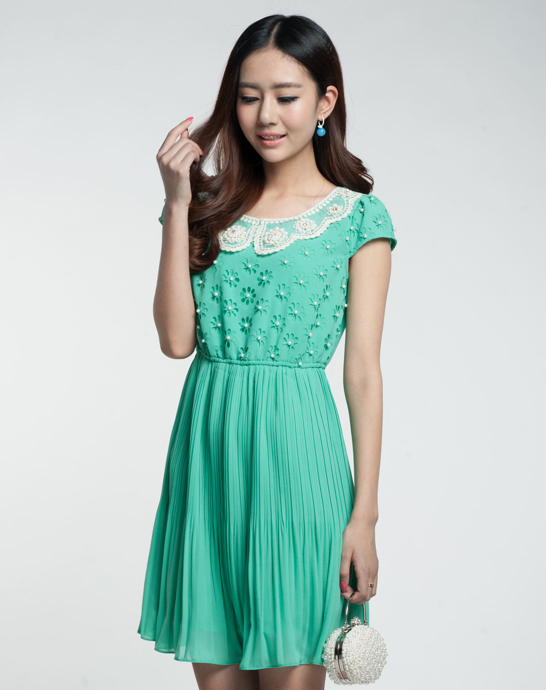 绿色娃娃领雪纺连衣裙-详情