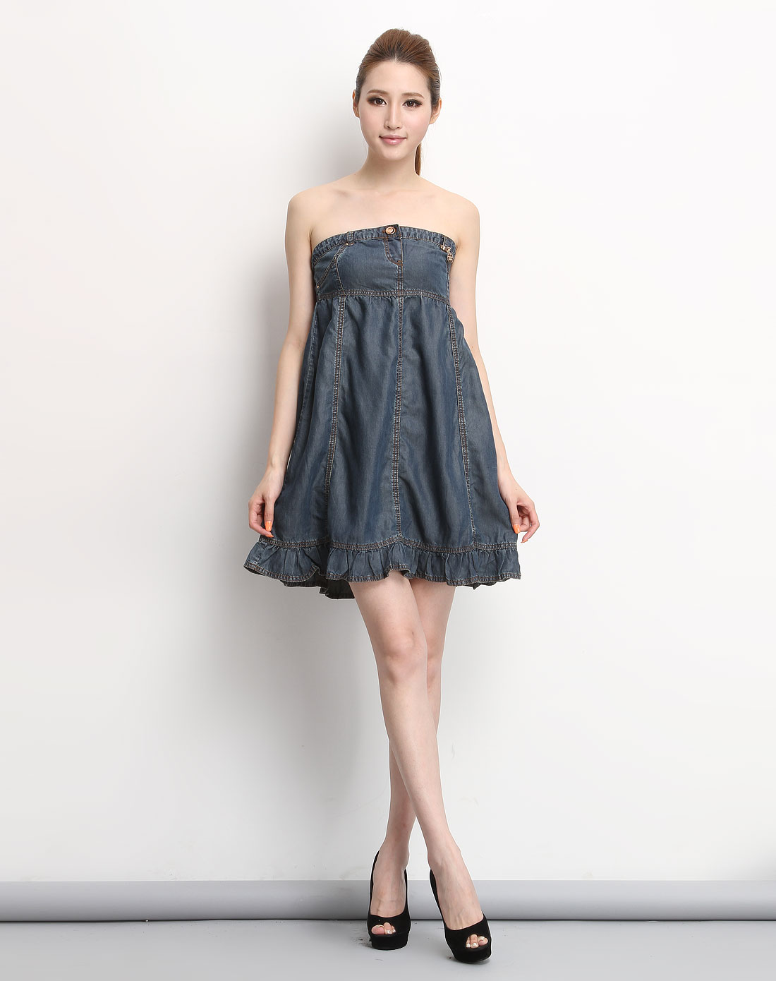 牛仔布时尚深蓝色抹胸连衣牛仔短裙-详情