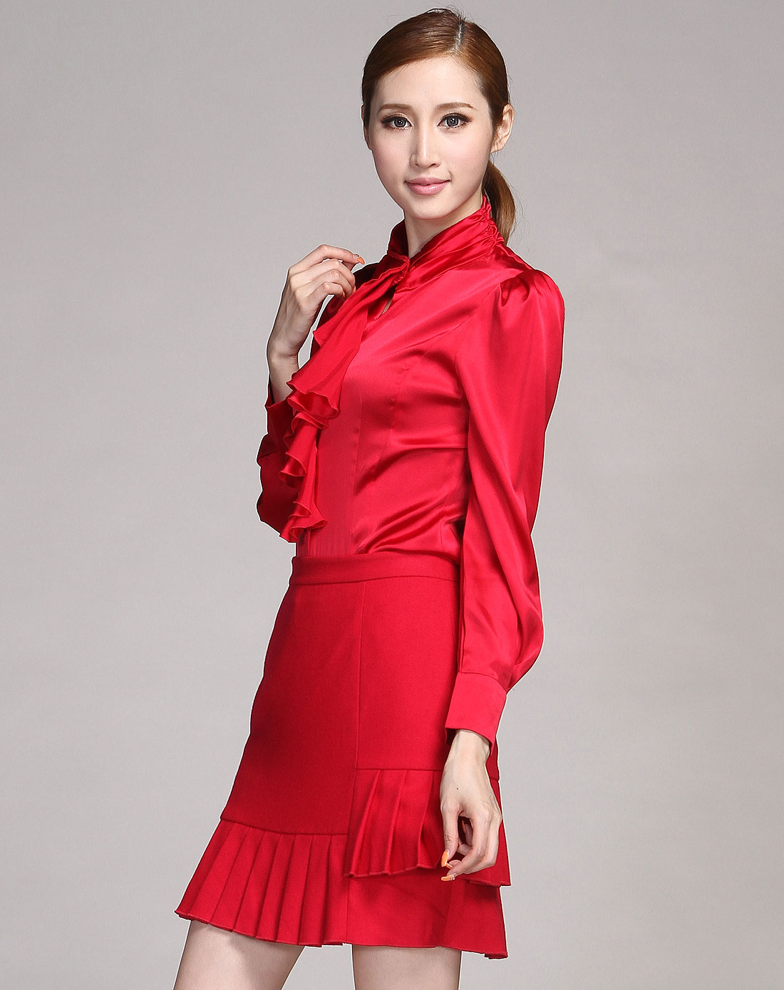 红色丝质光滑长袖衬衫-详情