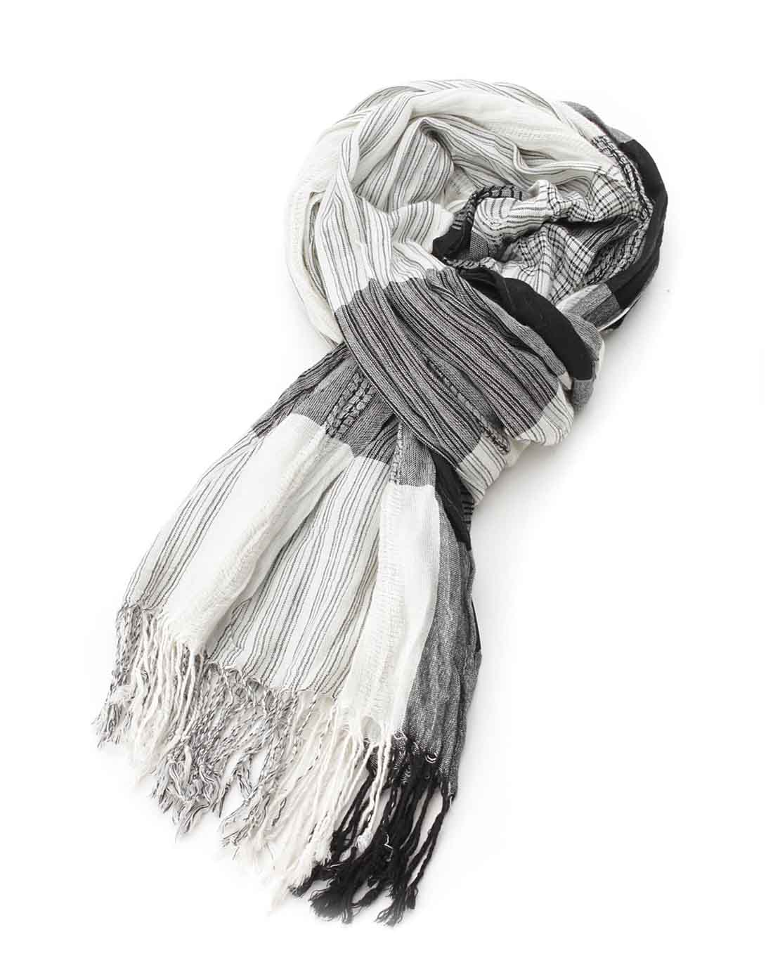 横间条纹流苏灰白色围巾-详情